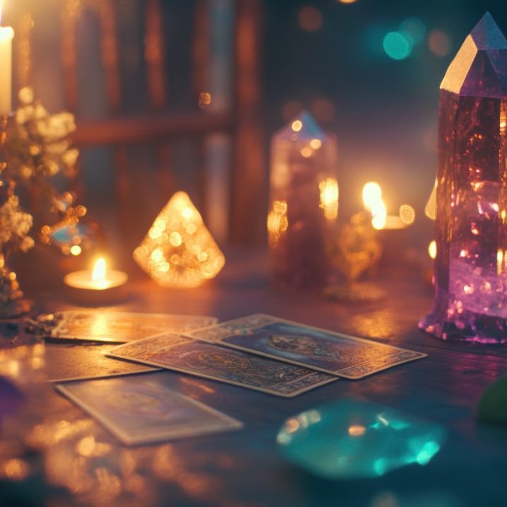 Close up of tarot cards reading, with candlelights and crystals Close up of tarot cards reading, with candlelights and crystals