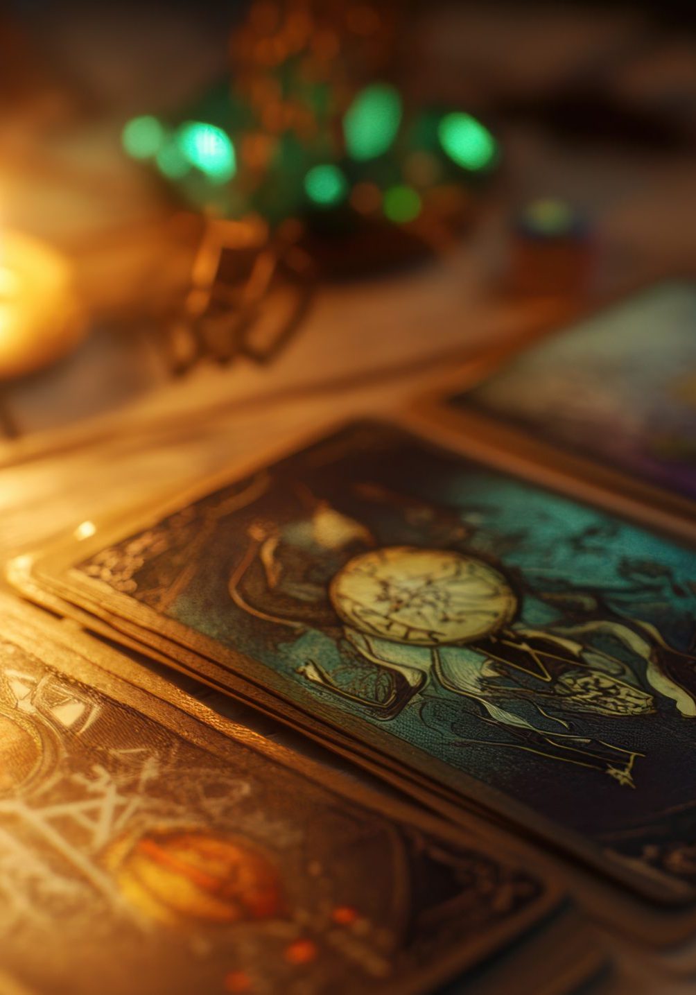 Tarot cards and a pendulum in motion, with detailed tarot cards, a crystal, and soft candlelight Tarot cards and a pendulum in motion, with detailed tarot cards, a crystal, and soft candlelight